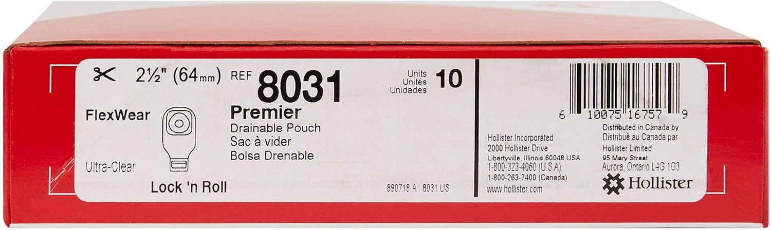 Hollister 8031 Premier 1-Piece 12” Drainable Ostomy Pouch & Flat FlexWear Skin Barrier, Pack of 10, Ultra-Clear