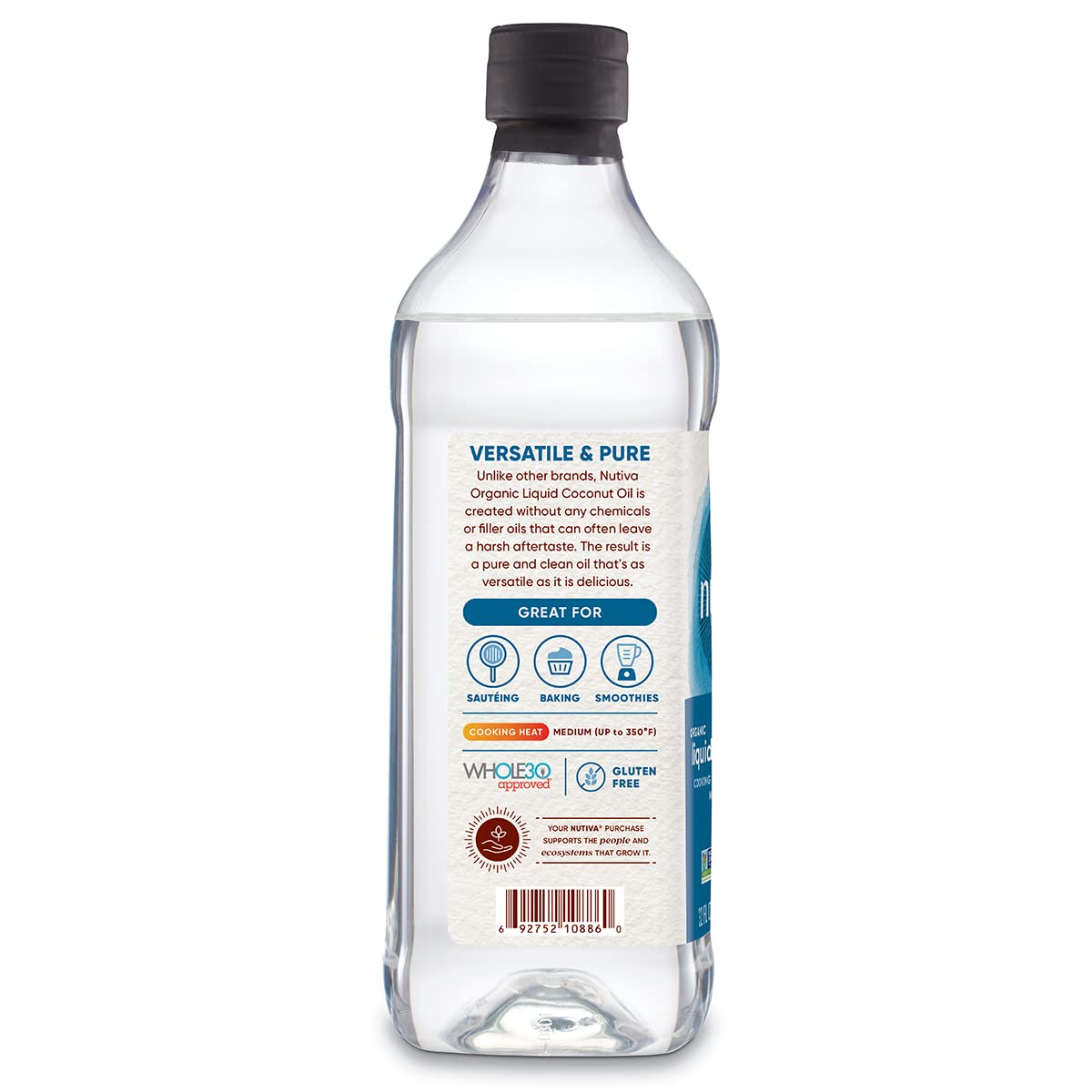 Nutiva Organic Liquid Fractionated Coconut Oil 32 Fl Oz - USDA Organic, Non-GMO. Edible, Pure Coconut Oil for Cooking, Moisturizer for Skin