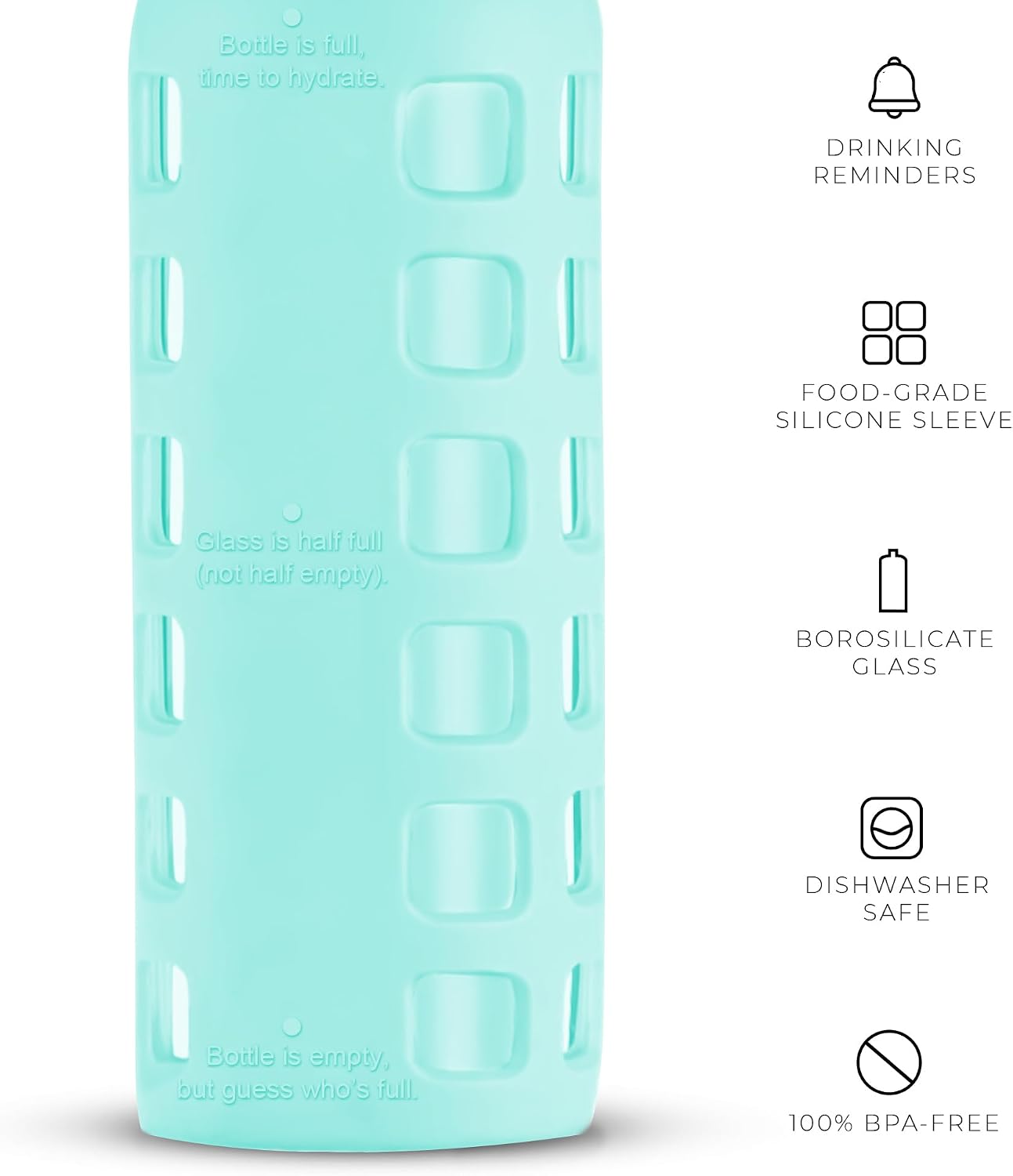 purifyou 40oz / 32oz / 22oz / 12oz Borosilicate Glass Water Bottle with Time & Volume Markers, Silicone Sleeve