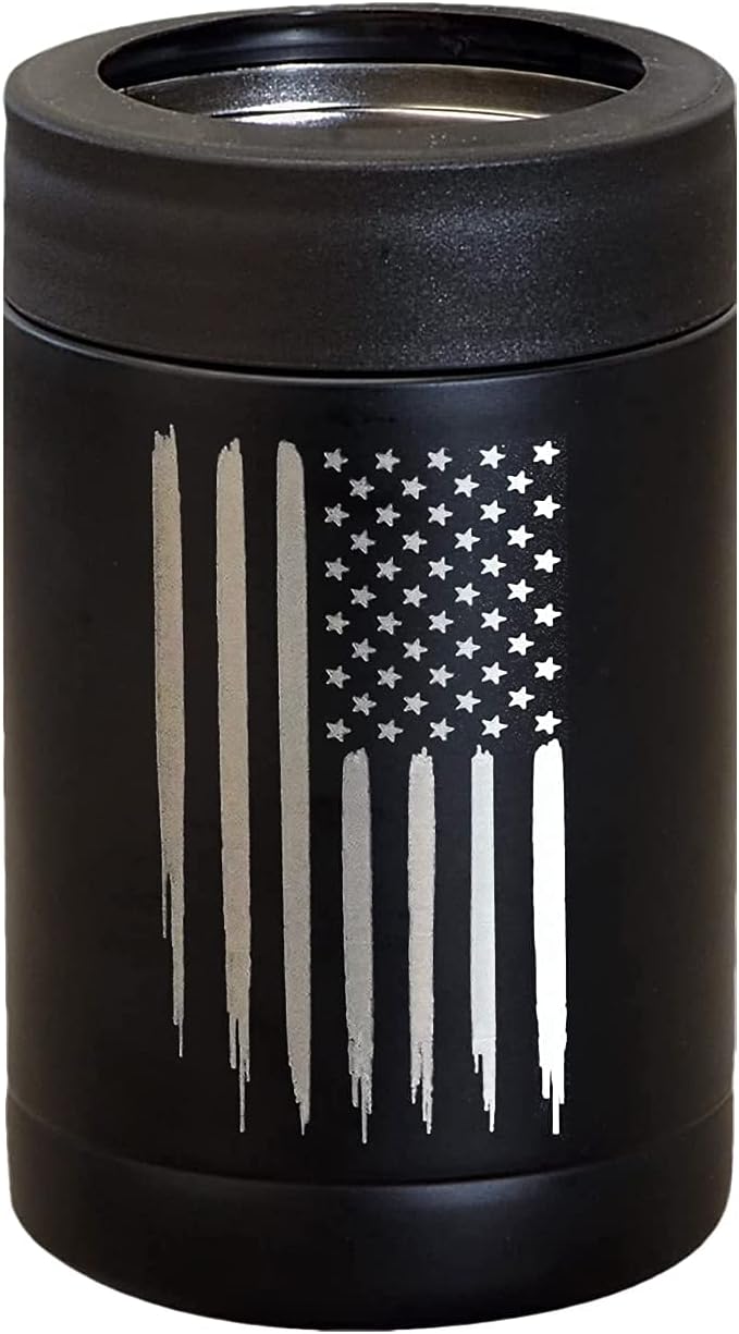 American Flag Insulated Can Cooler - Stainless Steel Bottle Cooler - Engraved USA Flag - American Flag Gifts | Flag 12oz Can Cooler