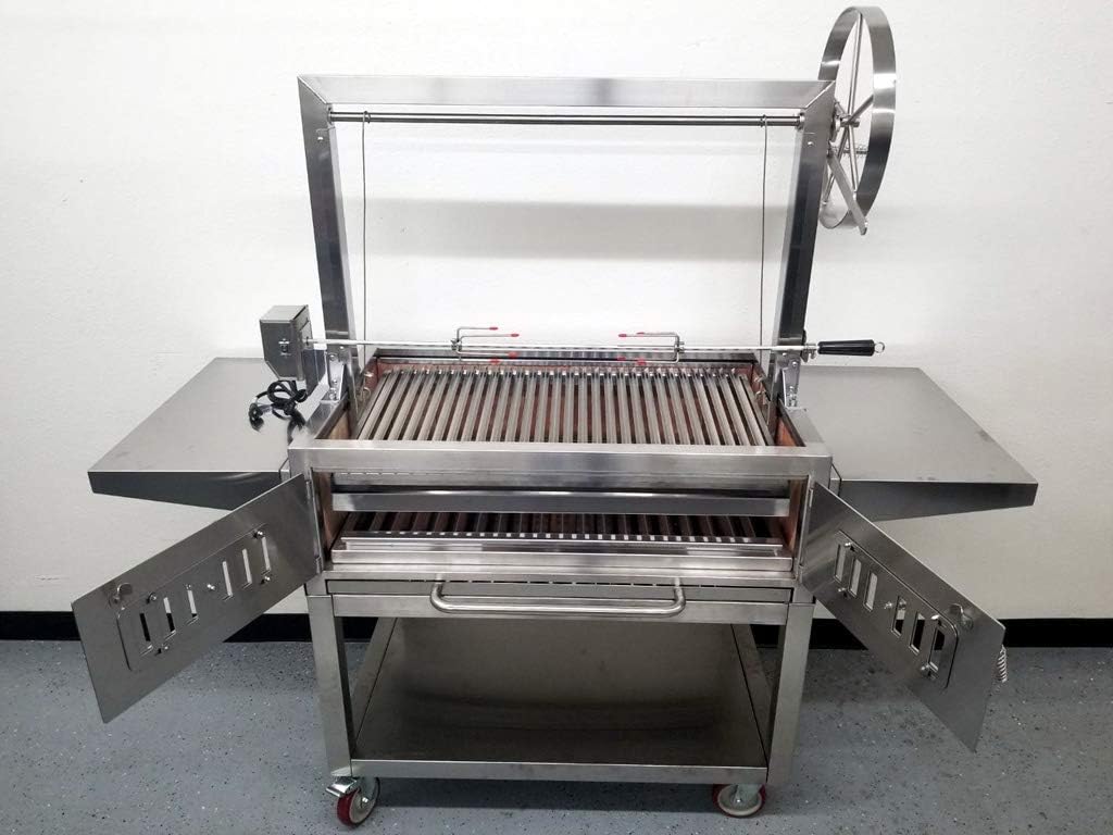 Charcoal Outdoor BBQ, Stainless Steel #430 Body and #304 Grates, Rotisserie Parrilla Santa Maria/Argentine Grill Spit