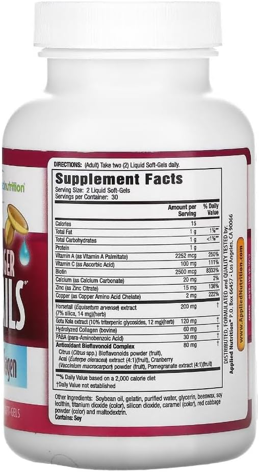 Applied Nutrition Longer Stronger Hair & Nails - 60 Liquid Soft-Gels, Pack of 6 - Biotin, Silica & Collagen - 180 Servings | Biotin | Silica & Collagen | Hair & Nail Support | 6 X 60 Softgels
