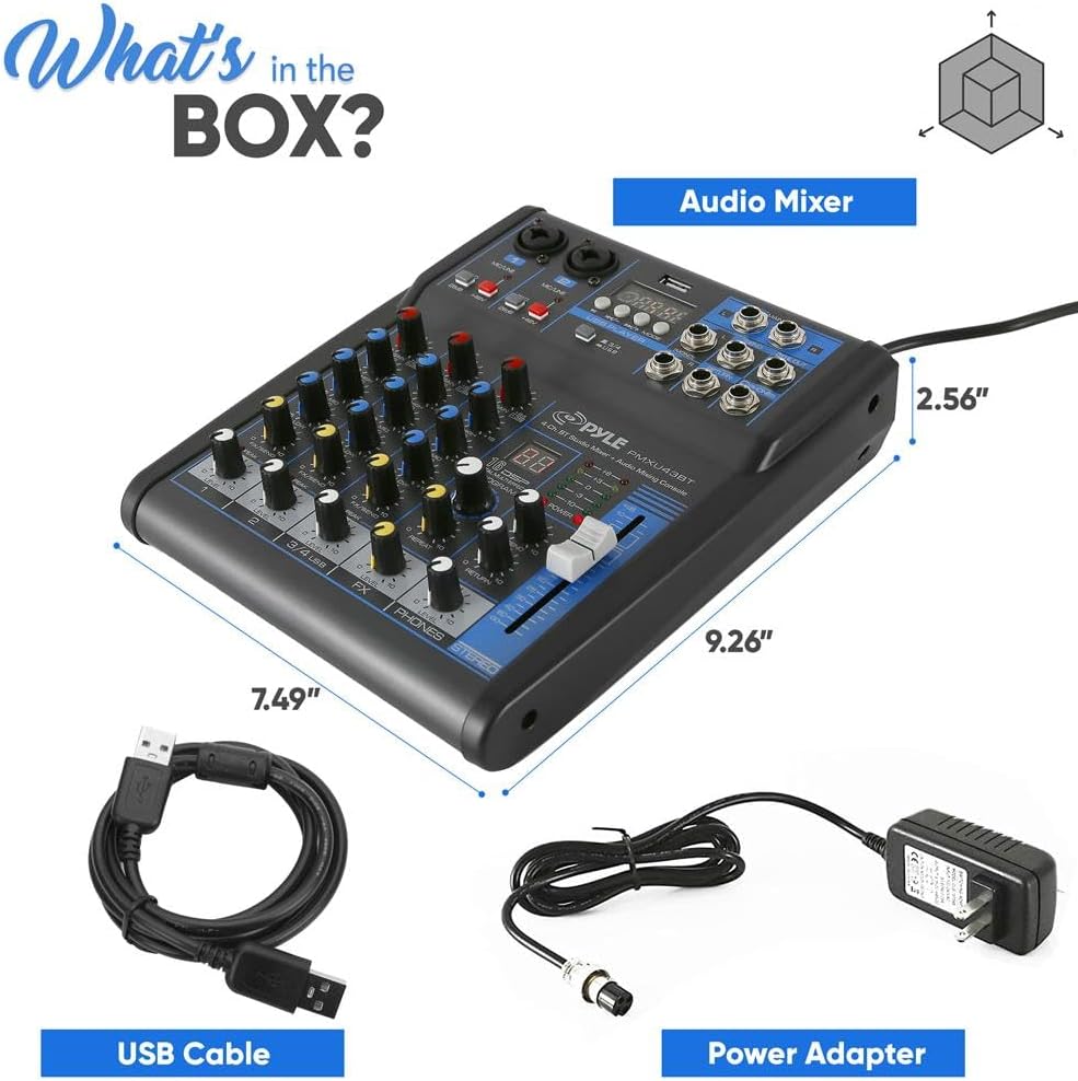 Pyle 4 Channel Audio Mixer with Bluetooth - DJ Sound Board Controller - USB Computer Input - Built-in MP3 Player - 48V Phantom Power - 3 Band EQ