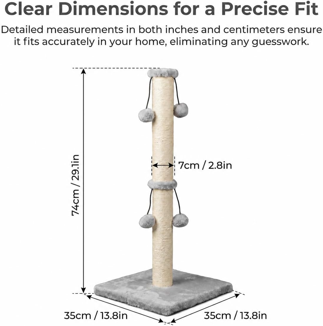 Dimaka 29'' Cat Scratching Post, Natural Sisal Rope Scratcher Post, Kitten Claw Scratch with 4 DanglingToy Balls for Large Cats (Grey)