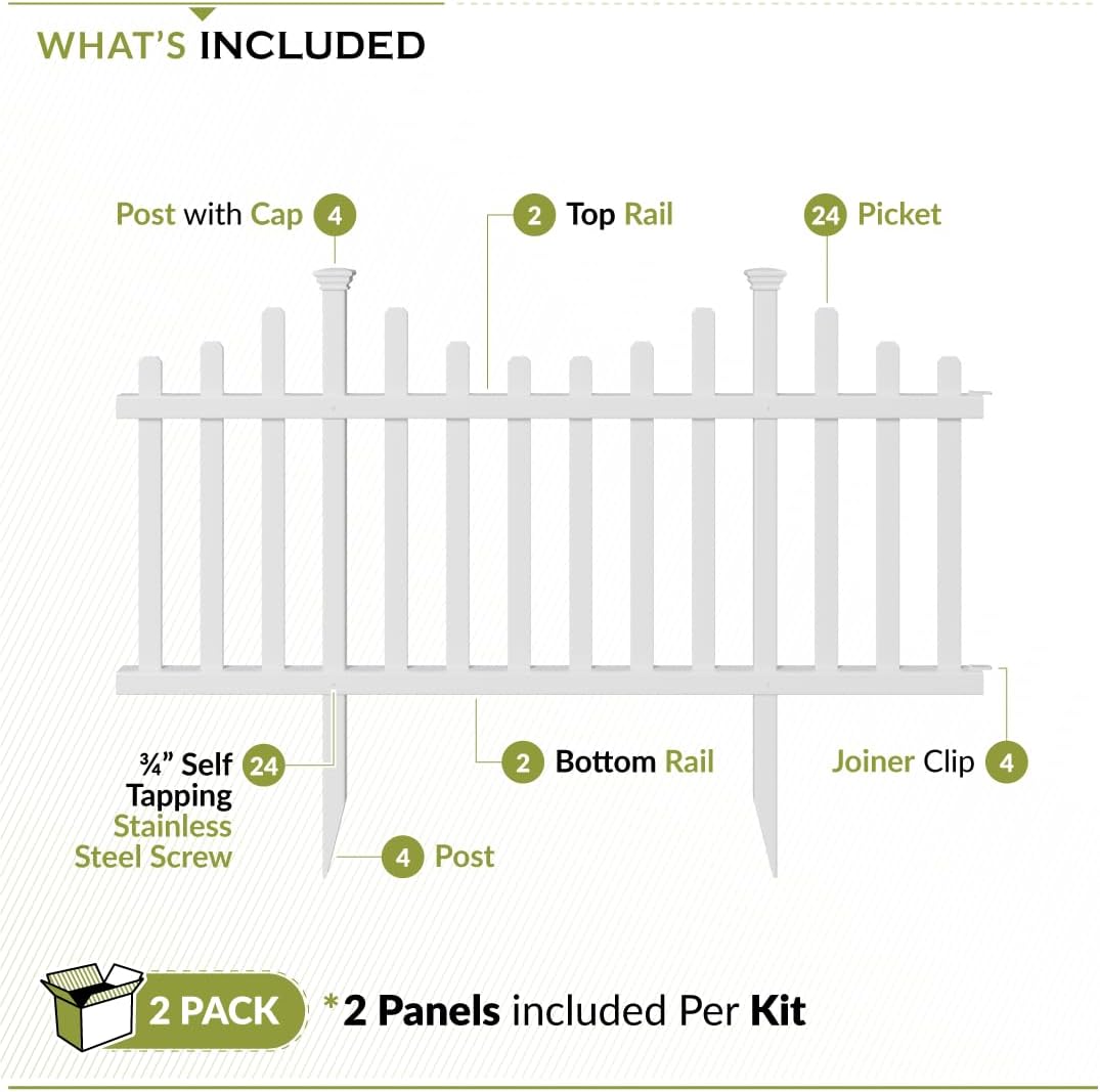 Zippity Madison Picket Fence Panels, White Vinyl DIY No Dig Kit | 2.5ftH x 2.3ftW, White, 2 Panels, Garden Border or Yard Enclosure, ZP19001