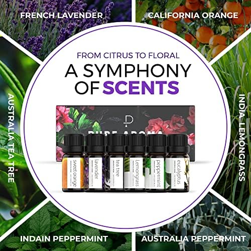 Essential Oils Set by Pure Aroma - Top 6 Aromatherapy Oils Gift Set-6 Pack, 10ml (Eucalyptus, Lavender, Lemongrass, Sweet Orange, Peppermint