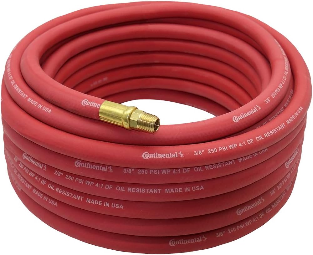 Continental 50' x 3/8" Red Rubber Air Hose - Working Pressure: 250 PSI - Burst Pressure: 1070 PSI - 100% Brass 1/4" NPT Fittings - Made in USA