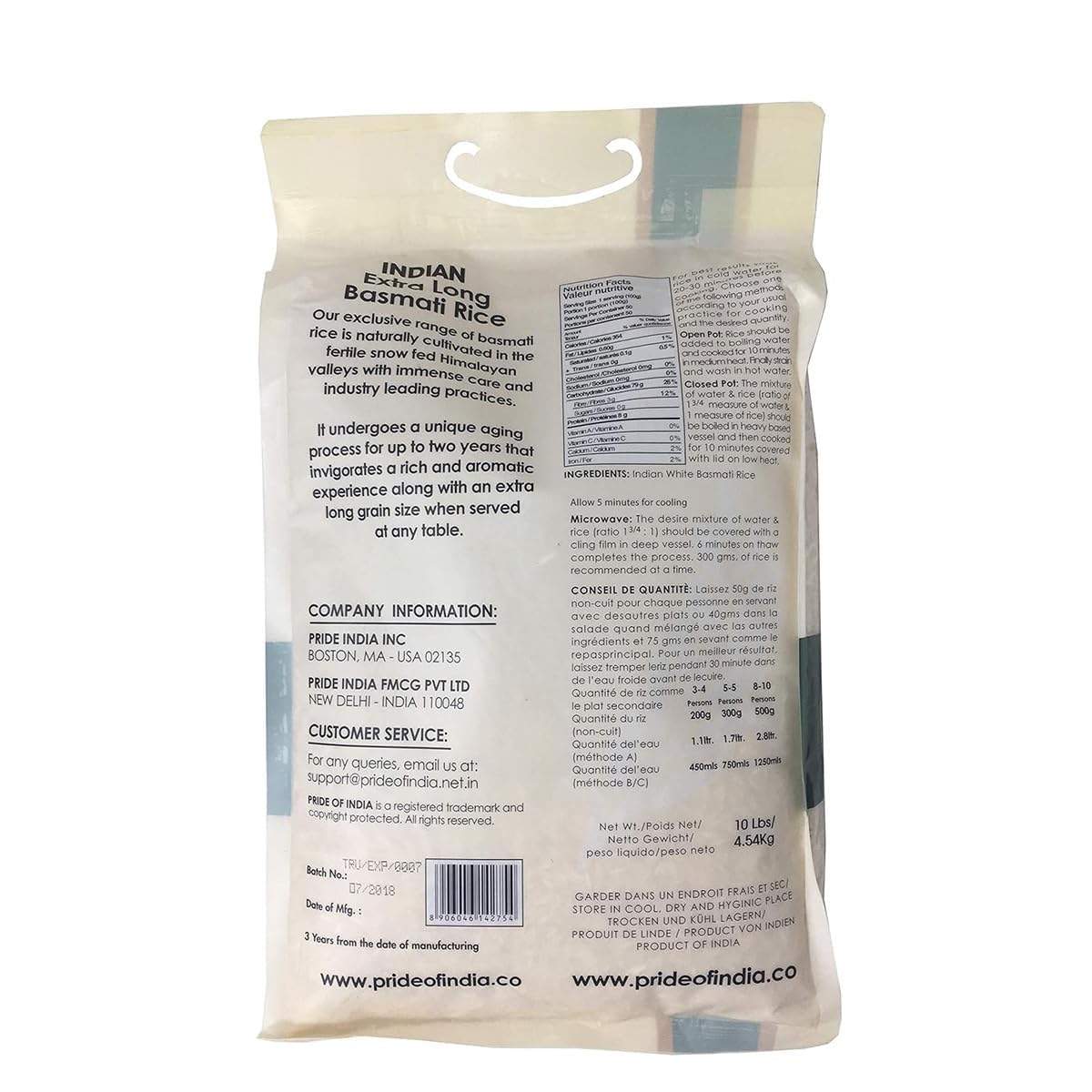 Pride Of India - Extra Long Indian Premium White Basmati Rice, 10 Pound (4.54 Kilo) Reclosable Bag - Naturally Aromatic, Aged, Flavorful, Slender, Non Sticky Grains - Great Value for Money