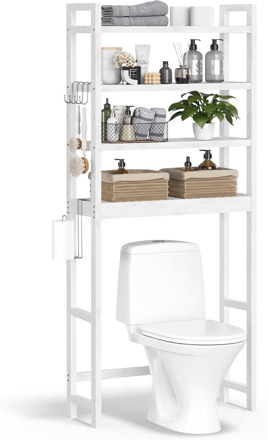 SONGMICS Over The Toilet Storage, 3-Tier Over Toilet Bathroom Organizer with Adjustable Shelf, 10.2 x 24.8 x 66.9 Inches, Space-Saving, Cloud White UBTS01WT