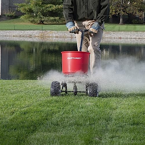EarthWay 2150 Commercial 50 LB Broadcast Fertilizer Spreader. Heavy-Duty Walk-Behind Push Garden Seeder with Adjustable Drop Rate and Driving