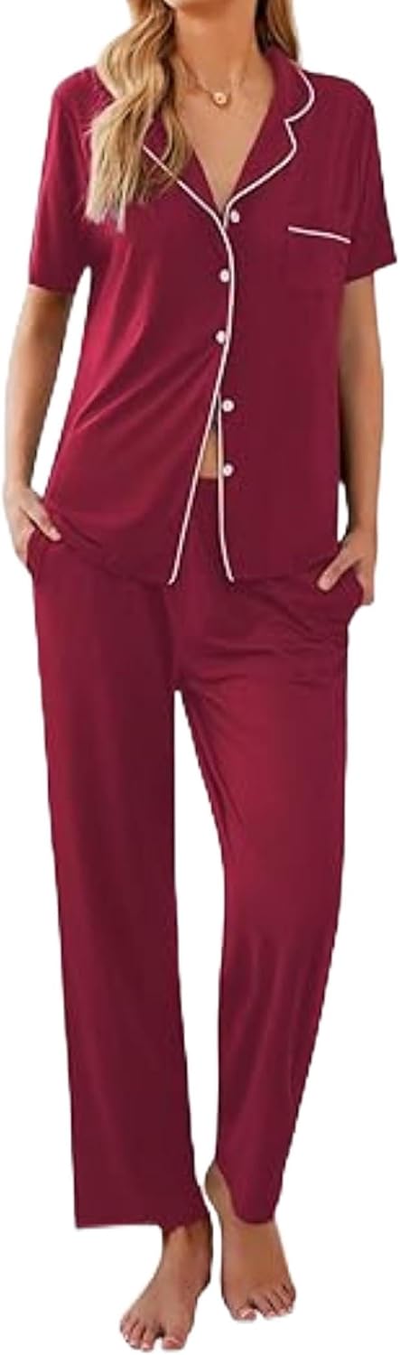 Ekouaer Womens Pajamas Set Short Sleeve Button Down Top & Pants Lounge Pjs
