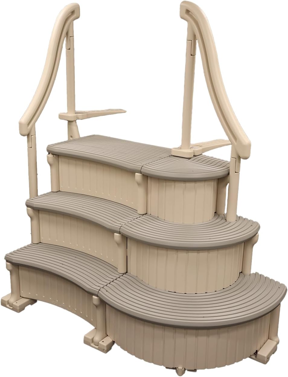 Confer Plastics Curved Drop-in Inground Pool Step 3 Tread Stair Entry System w/ 2 Handrails & Adjustable Mounting Brackets - Base Step, Grey Treads
