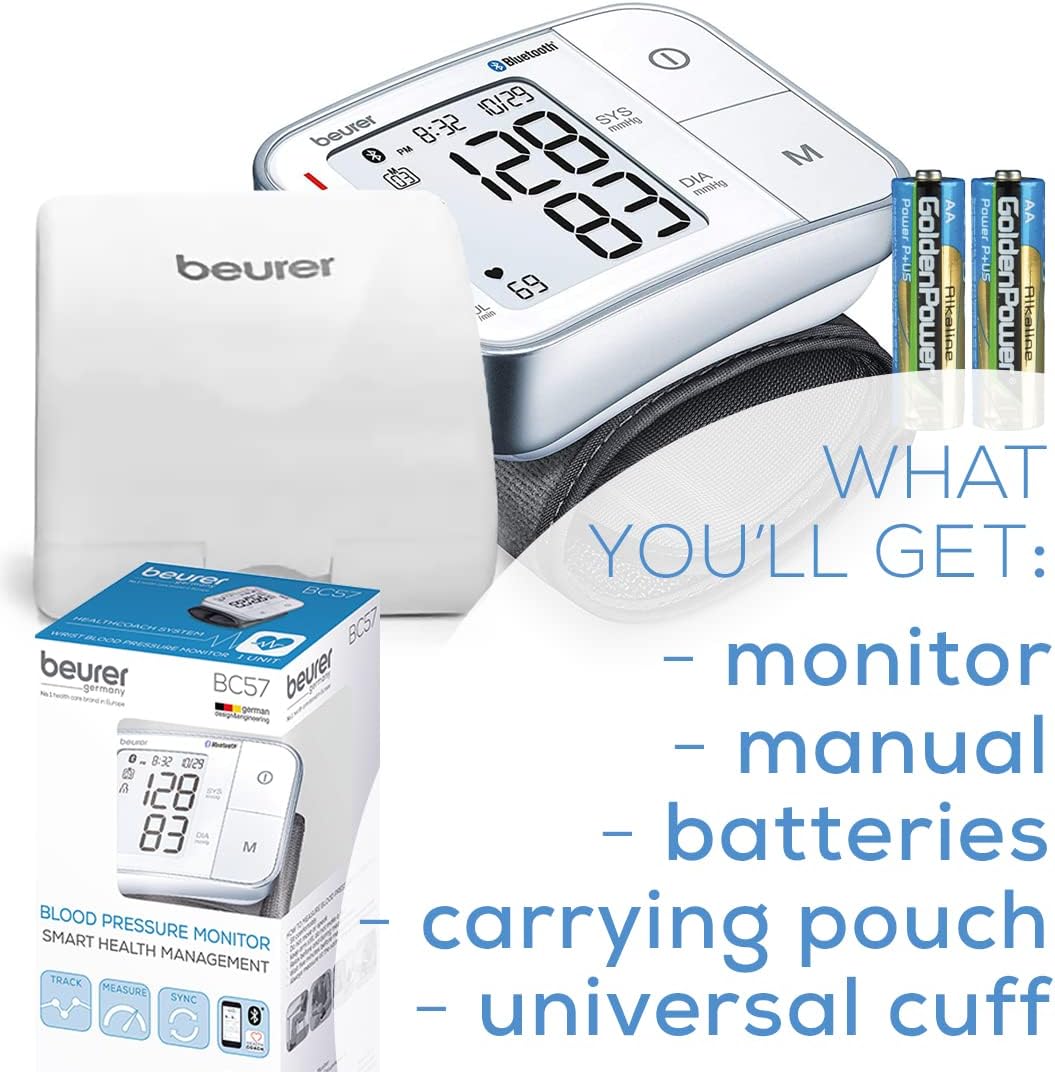 Beurer Bluetooth Smart, Wireless & Automatic Wrist Blood Pressure Monitor with Large LCD Display, Irregular Heartbeat Detection, Multi-Users