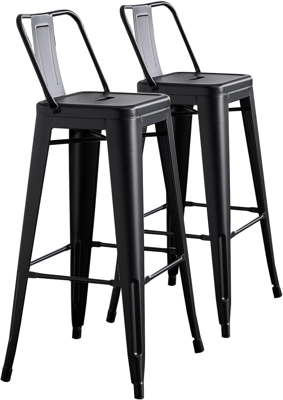 AC Pacific 30” Metal Barstool Set of 2 – Country Rustic Style with Low Back, Lightweight & Sturdy Build, Easy Assembly – Matte Black