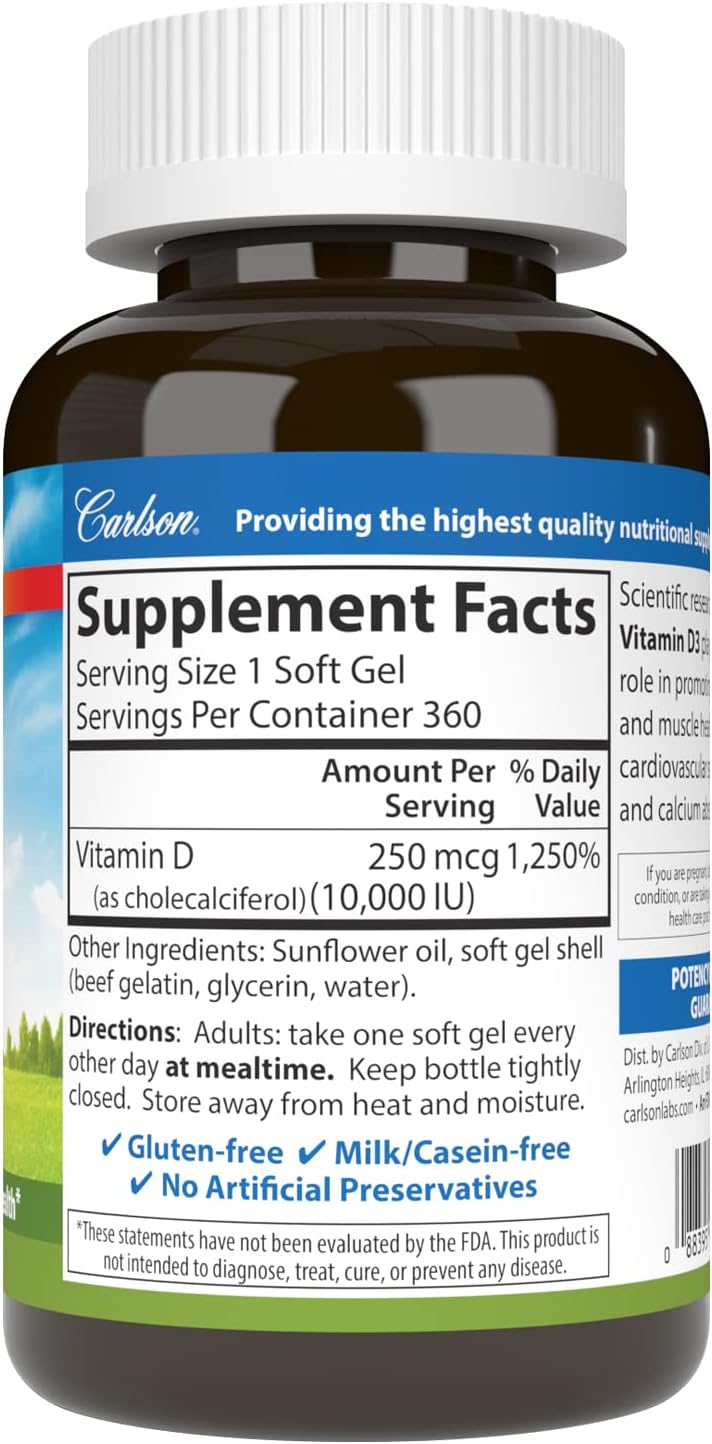 Carlson Vitamin D3 10000 IU (250 mcg), Bone Health, 120 Softgels | Muscle Health; Cholecalciferol; Vitamin D Supplements; Vitamin D3 Soft Gels