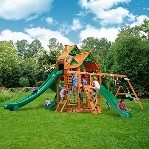 Gorilla Playsets 01-0031-AP Great Skye II Wood Swing Set with Wood Roof, 3 Slides, and Rock Wall, Brown
