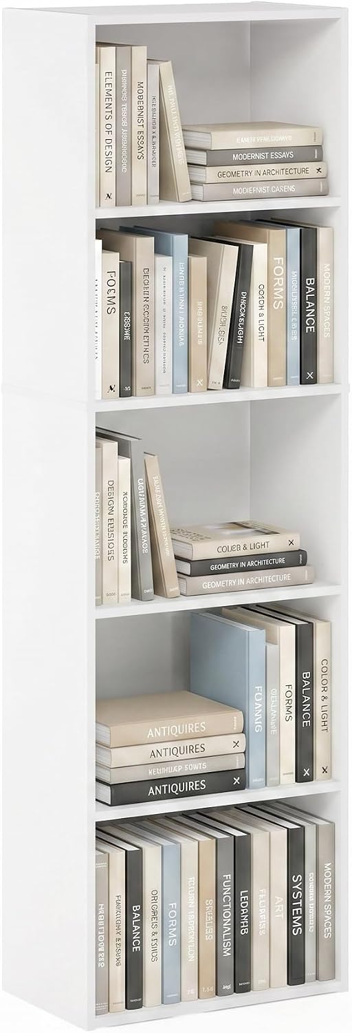Furinno LUDER Book Shelf, 5-Cube Bookshelf, Reversible Bookcase, 9.4 x 19.5 x 31.5, Easy Assembly, for Living Room, Bedroom, Home Office, White