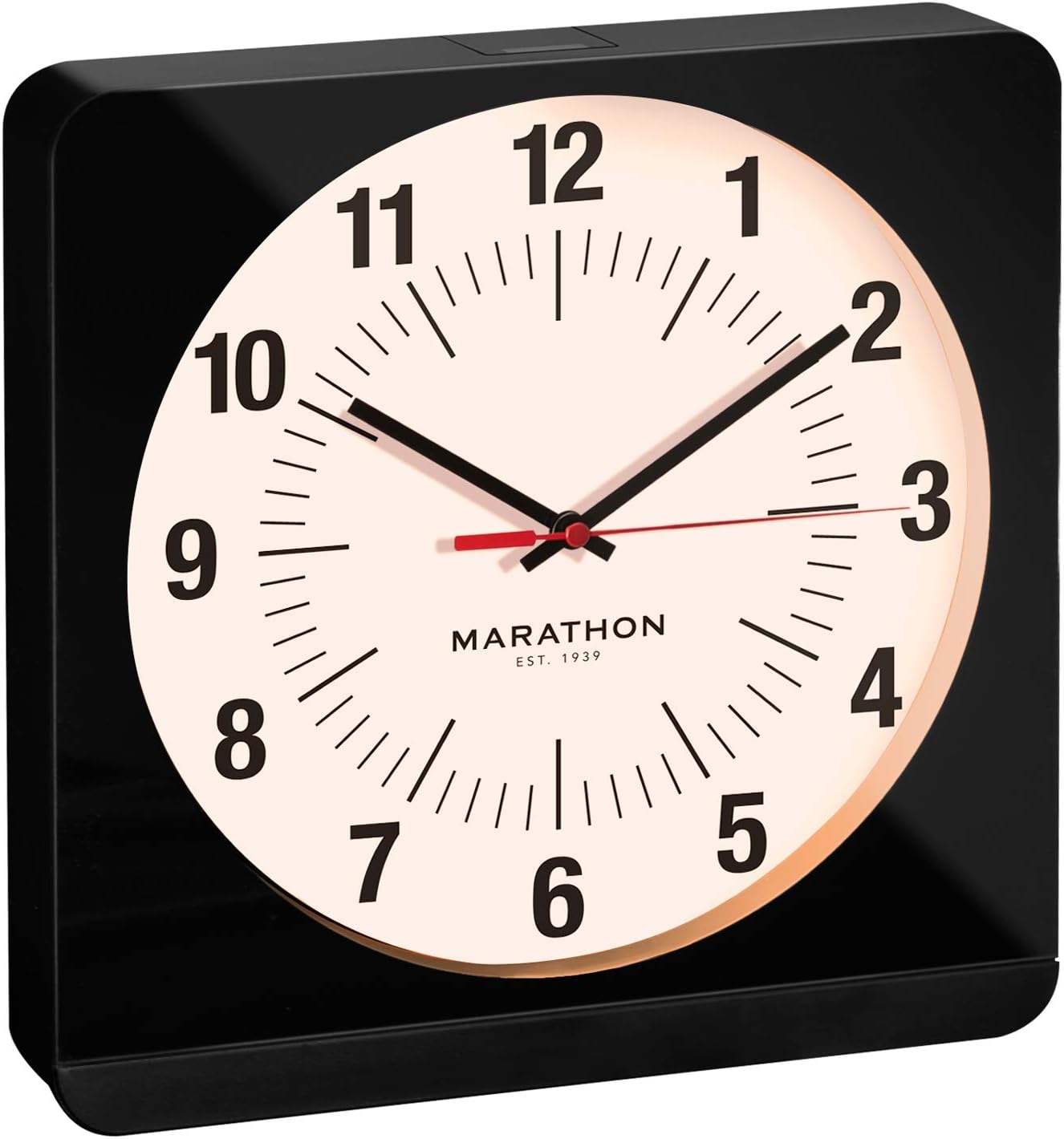 MARATHON Jumbo 12 Inch Analog Wall Clock with Warm Amber Auto Backlight, Silent Smooth Sweep (Black Case/White Dial - Commercial Edition)
