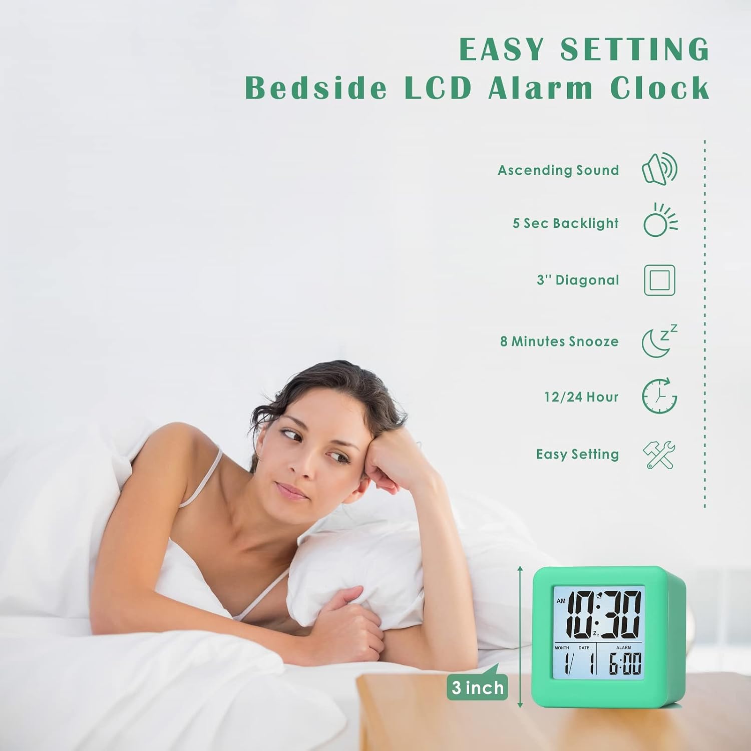 Plumeet Digital Alarm Clock Kids Clock with Snooze and White Nightlight - Easy Setting Travel Alarm Clocks Display Time, Date