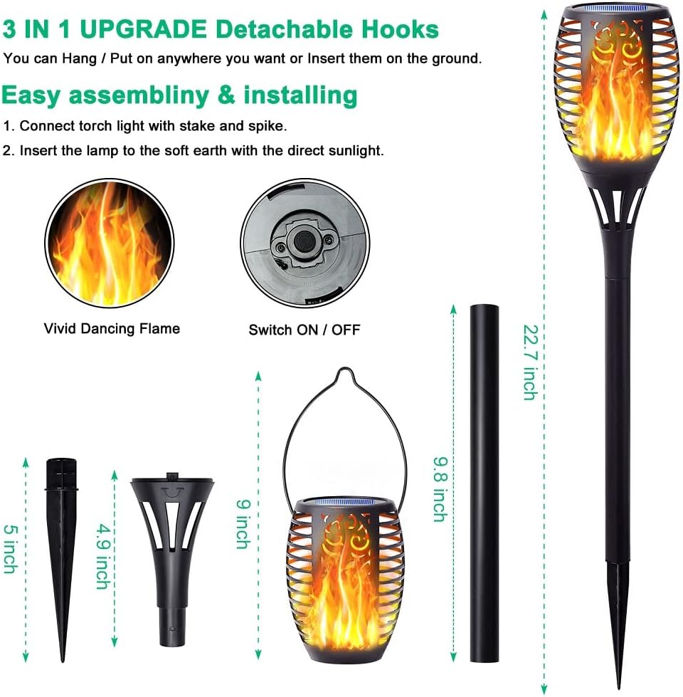 Flickering Flame Solar Torch Lights Outdoor, 3in1 Solar Lantern