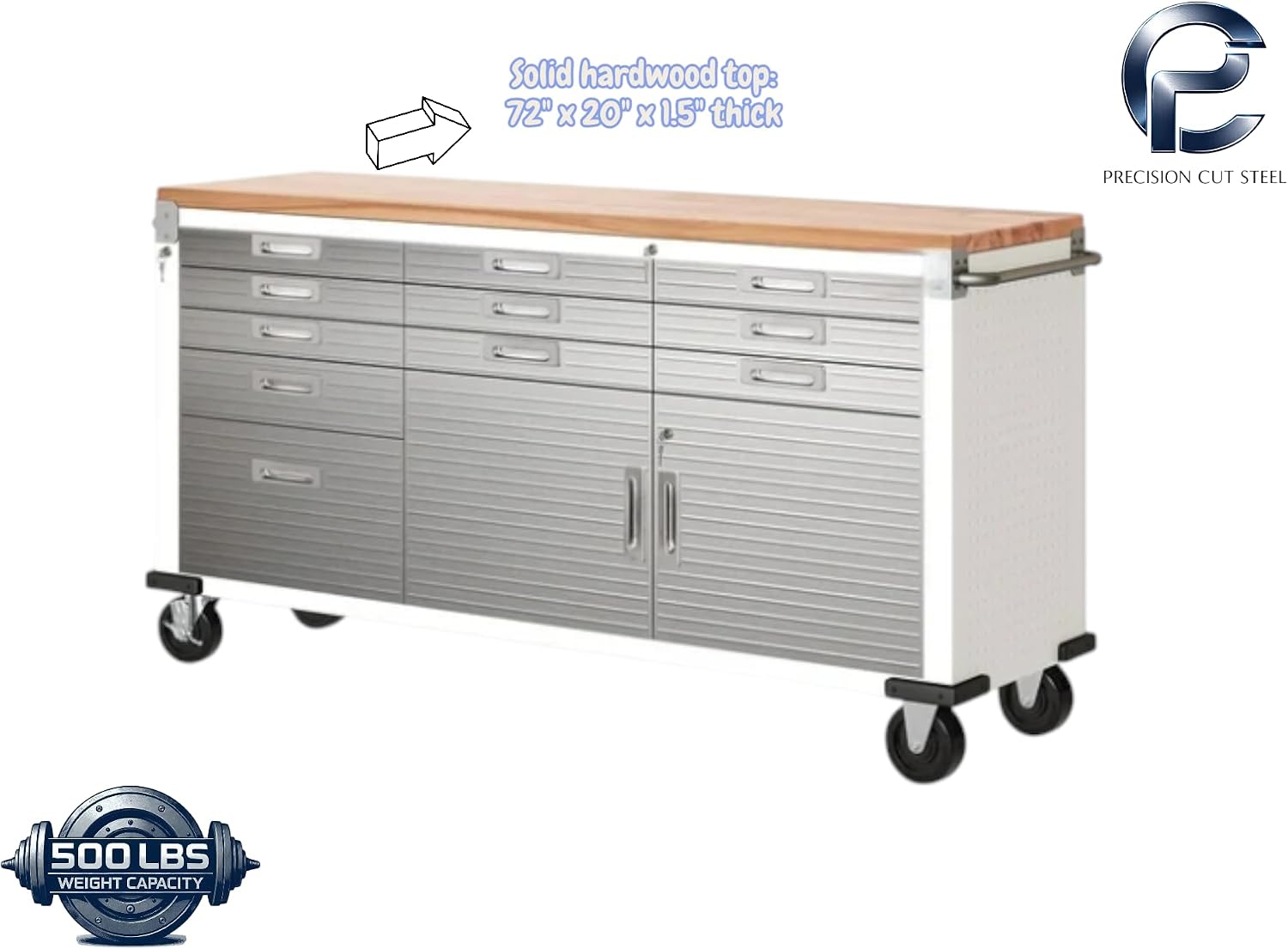 Heavy-Duty Rolling Workbench with Drawers and Cabinet, 77" W x 20" D x 37.5" H, (Red, 11 Drawer)
