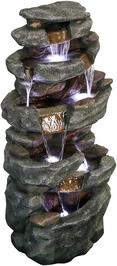PeterIvan Outdoor Relaxing Waterfall - 6-Tier Fountain with 6 LED Lights, Stone-Liking Resin for Patio, Garden, House&Office (40.6in, Grey)
