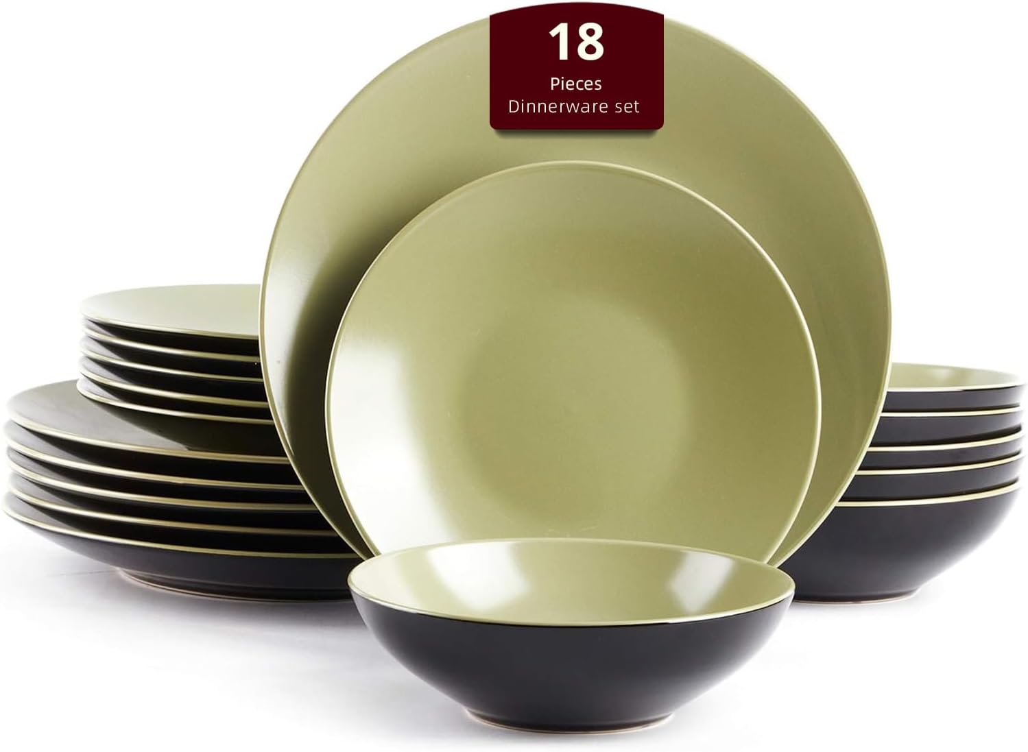 Stoneware Two-Tone Colors Life 16pc Dinner Set，Outside Shiny Black + Inside Matte Glaze Olive