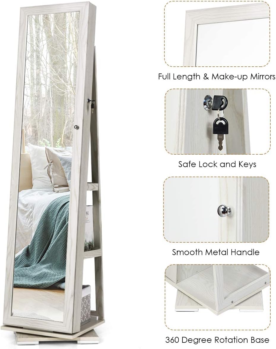 CHARMAID 360° Swivel Jewelry Armoire with Higher Full Length Mirror, Standing Lockable Jewelry Cabinet Organizer with Large Storage Capacity