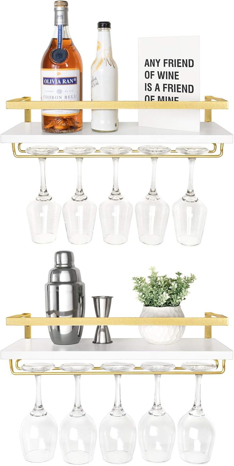 Mkono Wall Mounted Wine Rack Set of 2 Wood Rustic Wine Bottle Glass Floating Shelves with Stemware Hanger Modern Plants Photos Wine Display Storage