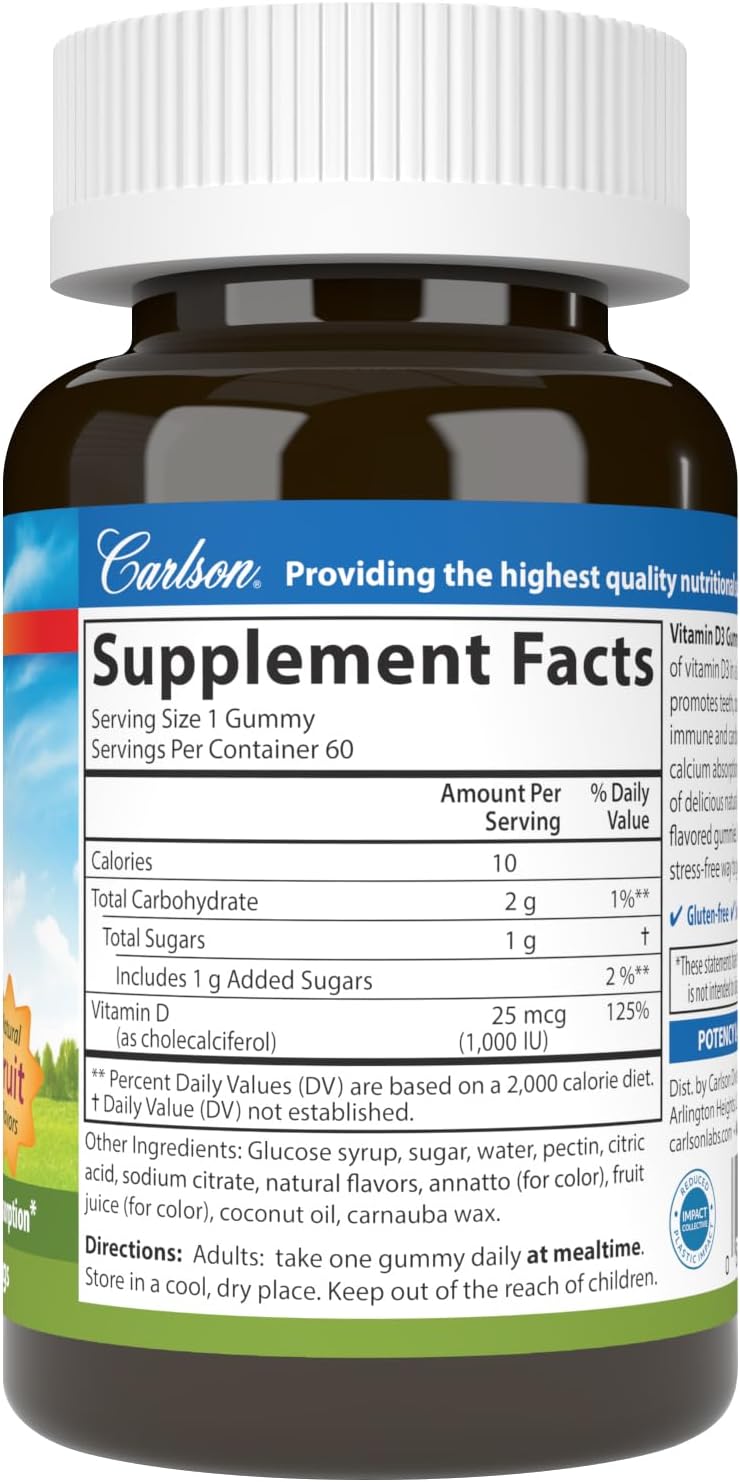 Carlson Vitamin D3 Gummies, 1000 IU (25 mcg), 60 Vegetarian Gummies | Mixed Fruit; Bone Health; Calcium Absorption; Non-GMO