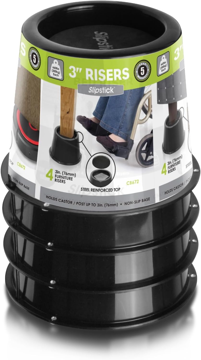 Slipstick CB672 Premium 3 Inch Bed Risers/Furniture Raisers with Steel Reinforced Caster Wheel Holder Top, Lifts Height 3" (4 Pack) Supports 2