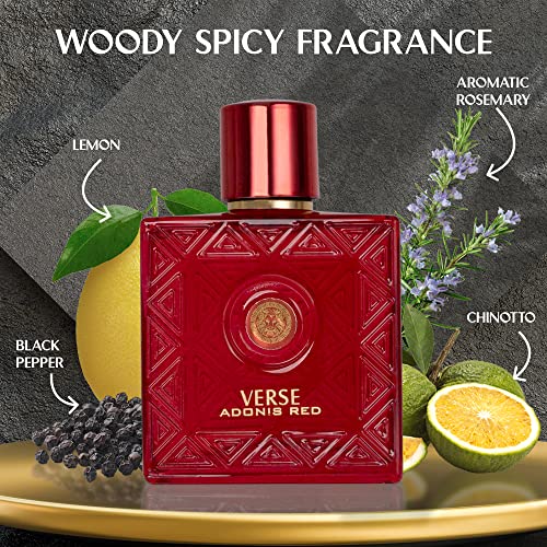 Verse Adonis Red for Men - 100ml Eau De Parfum Spray - Fruity Warm & Floral Fragrance Smell Fresh All Day Long Lasting Includes NovoGlow Carrying