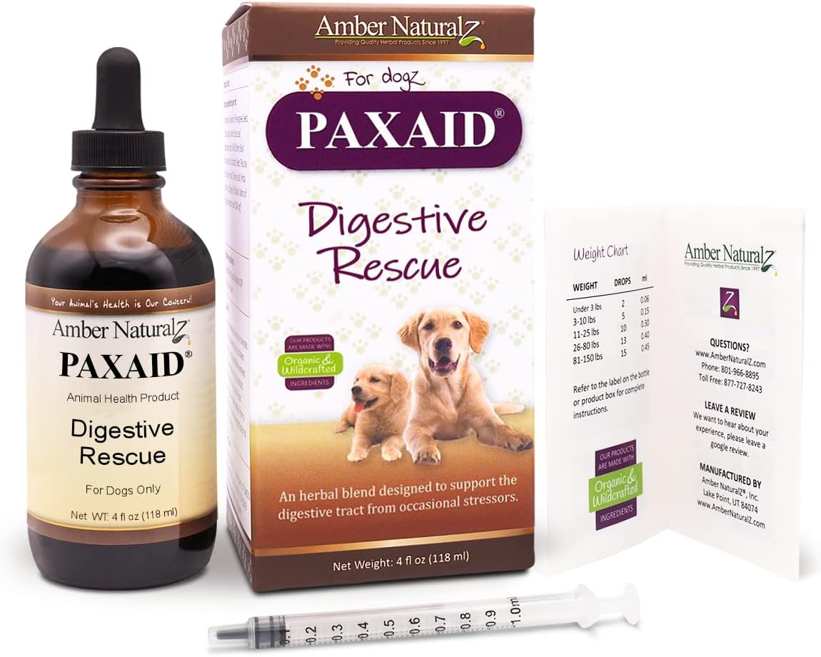 Amber NaturalZ Paxaid Dog Digestive Rescue Drops, Herbal, 1 FL OZ | Herbal digestive support drops for dogs & puppies; supports gut health, firm stools, normal appetite; USA-made