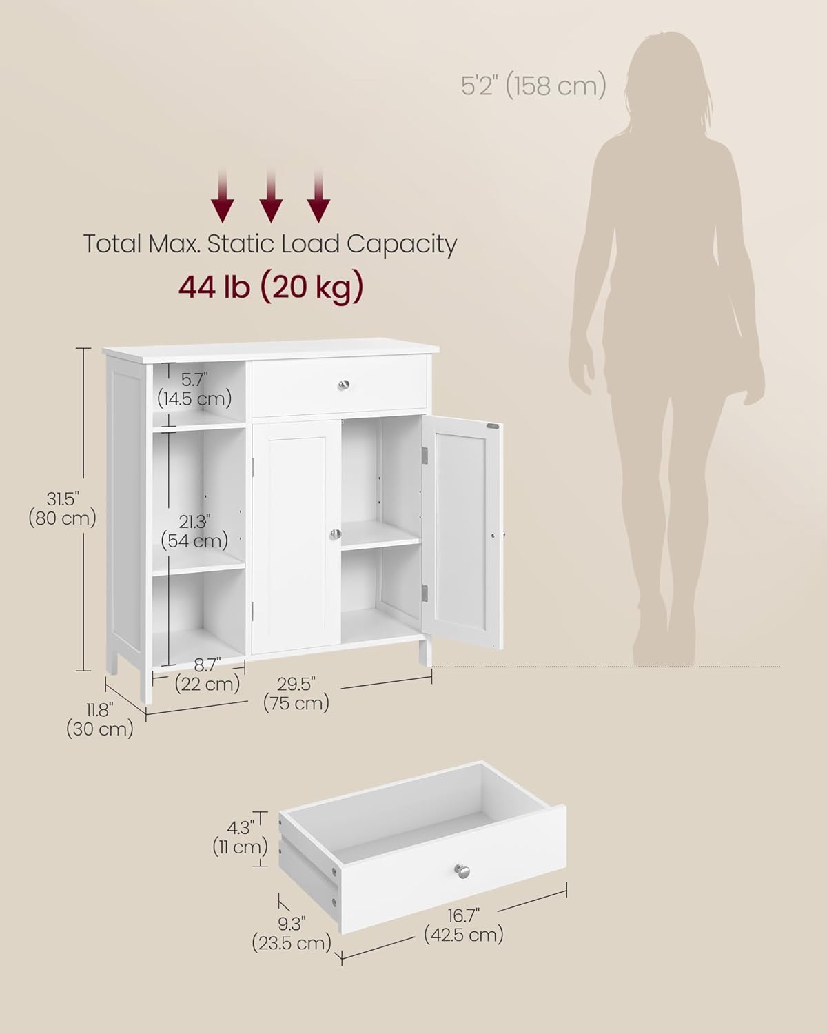 VASAGLE Bathroom Storage Cabinet, with 2 Doors, 31.5" H, Cloud White