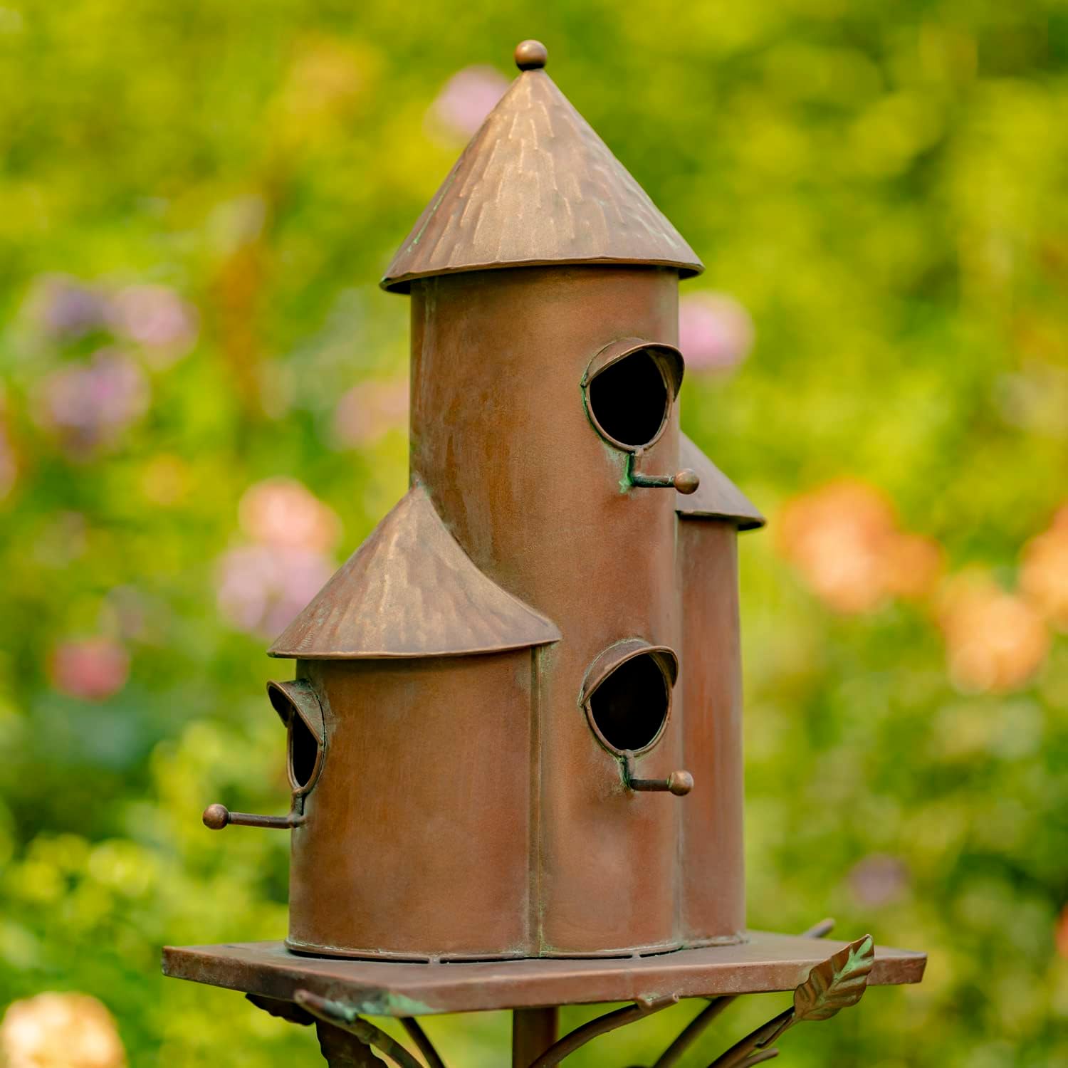 Large Copper Colored Multi-Birdhouse Stakes, Room for 4 Bird Families in Each (Cube Homes with Pyramid Roofs)