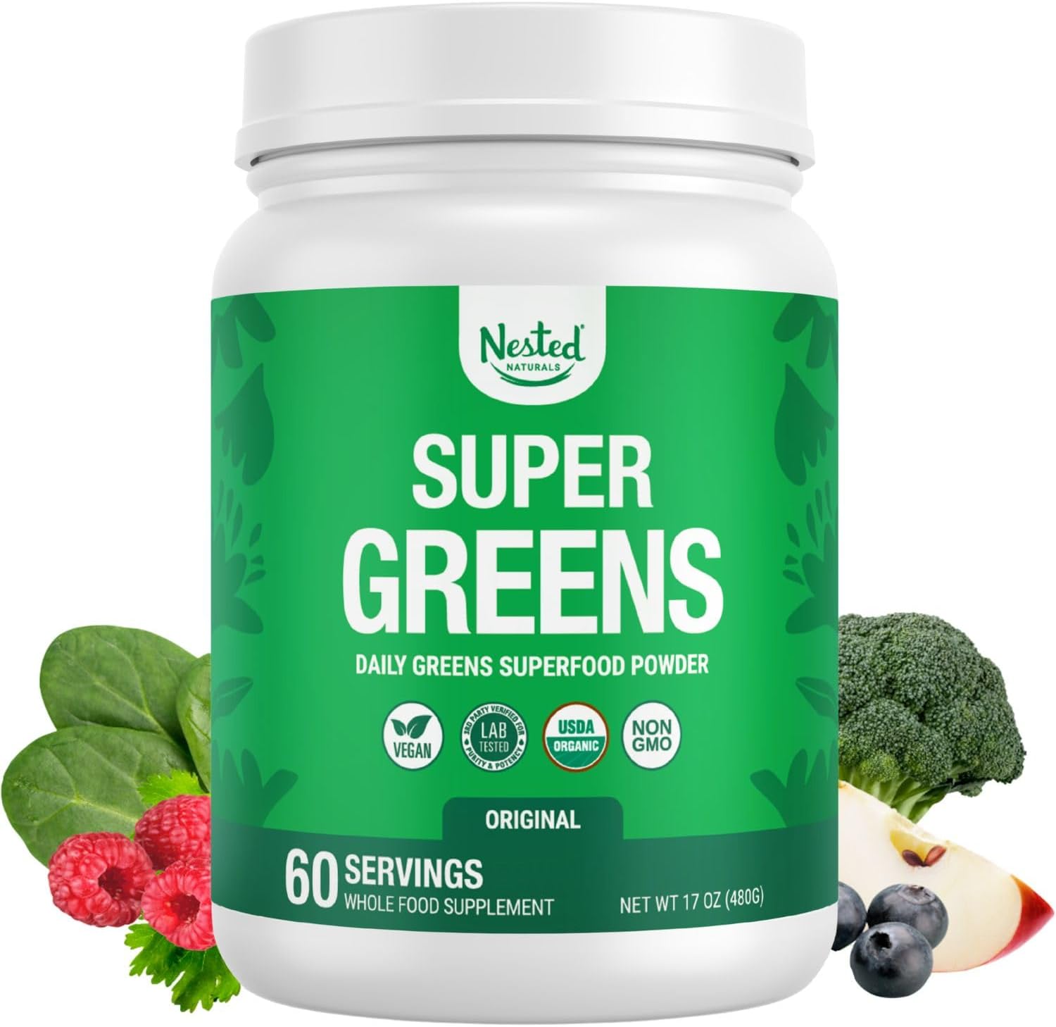 Nested Naturals Super Greens Daily Superfood Powder - Certified USDA Organic Green Powder w/20+ Whole Foods, Spirulina Powder,Wheat & Barley Grass - Probiotics, Fiber & Enzymes - Original Flavour, 30