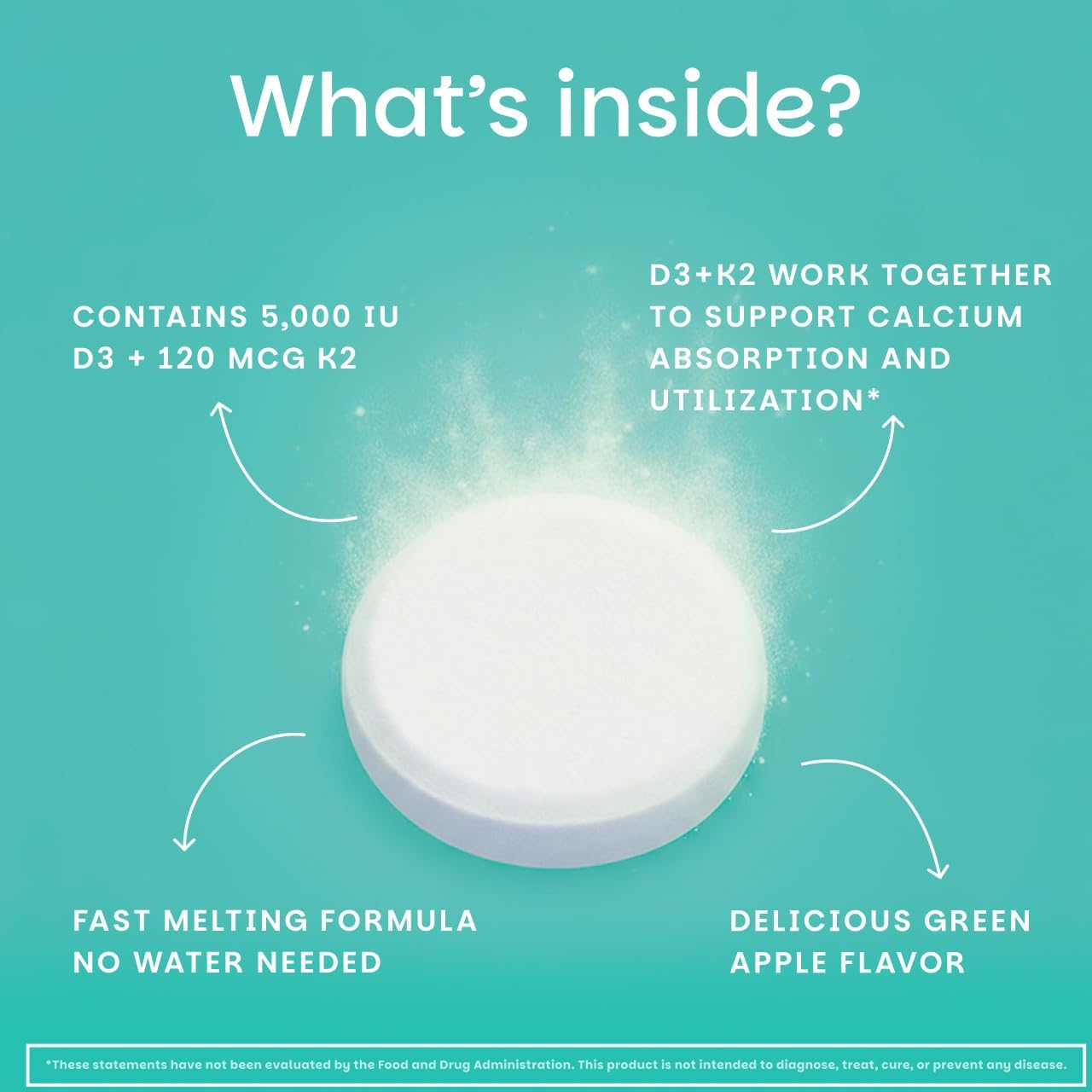 EZ Melts Dissolvable Vitamin D3 5,000 IU - Vegan Vitamin D Supplement for Bone & Teeth Support - No Artificial Flavors - Plant-Based & Non-GMO - Green Apple - 90 Dissolvable Tablets (90 Servings)
