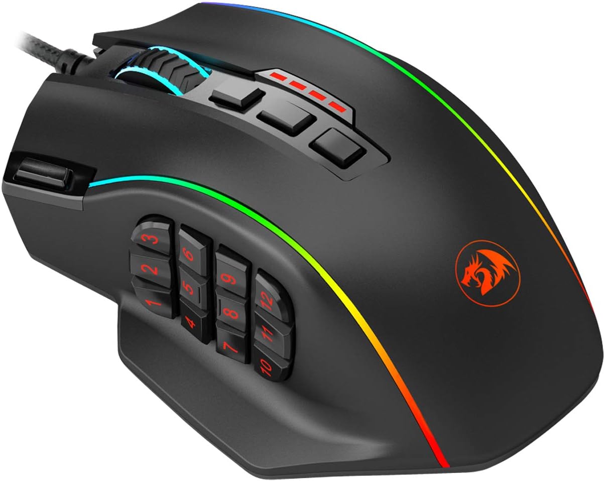 Redragon Gaming Mouse, MMO Mouse Gaming UP 12400 DPI, 19 Macro Programmable Buttons, RGB Mouse with 12 Side Buttons, 8 * 2.4g Weight Tuning for PC Laptop MOBA FPS, M901K, Black