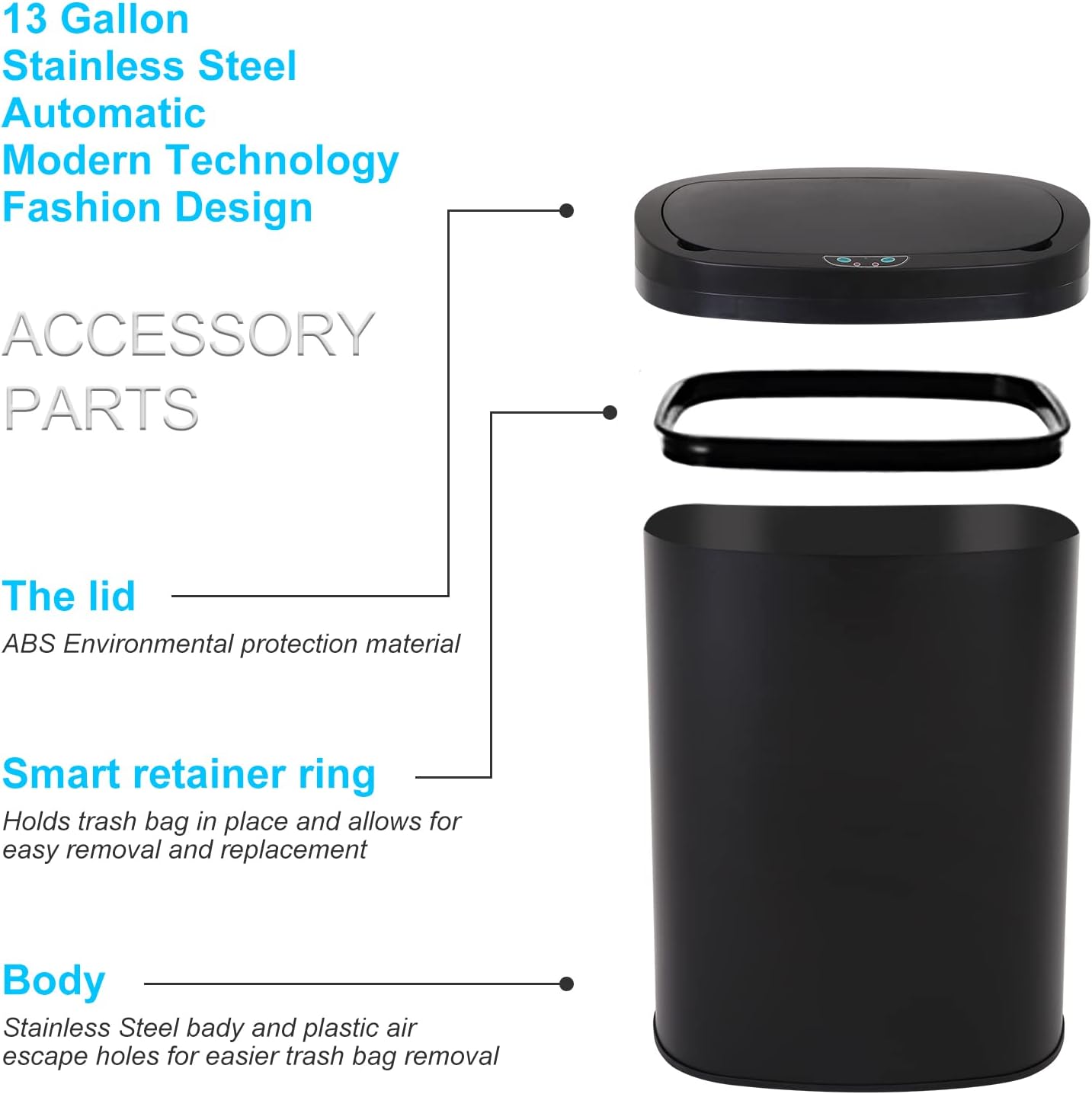 Kitchen Trash Can | Stainless Steel 13 Gallon Trash Can | 50L Touch Free Garbage Can with Lid | Electronic Sensor High Capacity Trash Bin for
