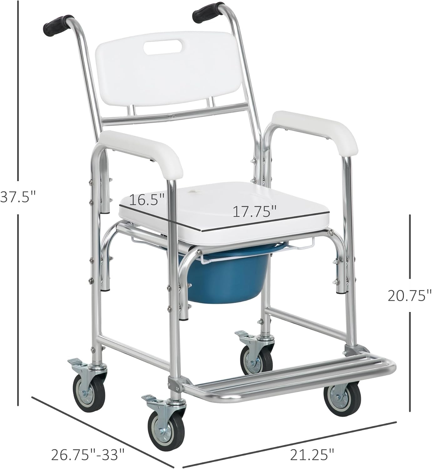 HOMCOM 3-in-1 Shower Commode Wheelchair, FSA/HSA Eligible Transport Beside Commode Chair