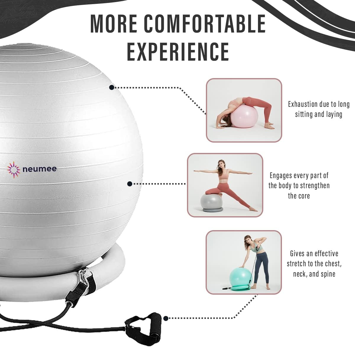 Yoga Ball Chair with 65cm Exercise Ball & 2 Resistance Bands, Stability Base for Home Office, Yoga, Pilates & Fitness, Balance Ball for Posture