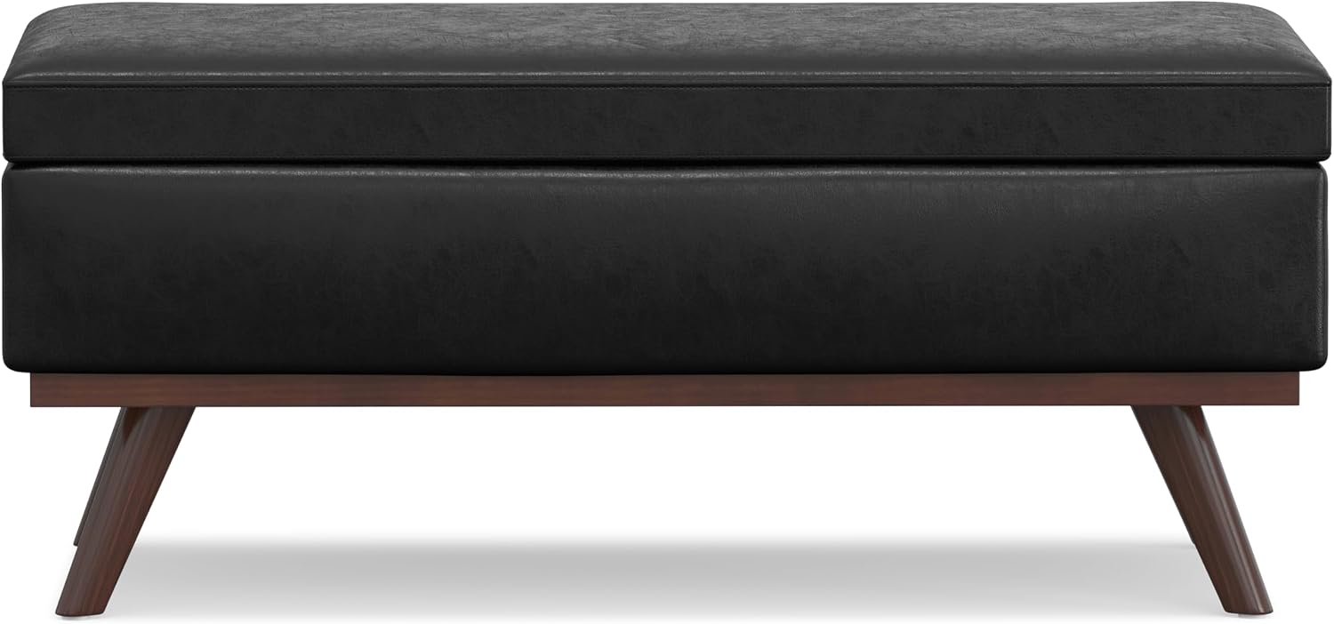 SIMPLIHOME Owen 34" Wide Vegan Leather Lift Top Ottoman in Dark Blue