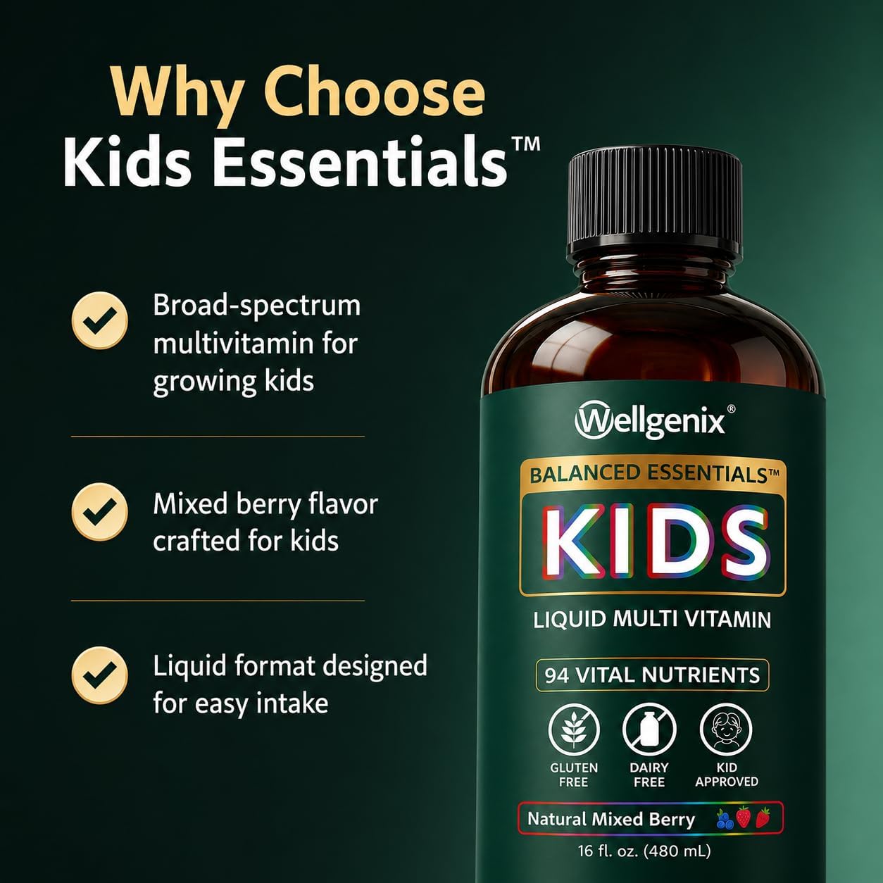 Wellgenix Balanced Essentials Kids Liquid Multivitamin, 16 Fl Oz