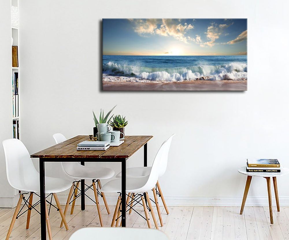 arteWOODS Ocean Wave Canvas Wall Art Beach Sunset Pictures Coastal Nature Artwork Blue Sea Painting Prints for Living Room Bedroom Home Office Decoration 20" x 40"