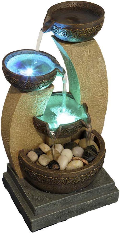 11" H Golden Tiered Bowl Fountain with Color Changing LED Lights with Adapter Brown