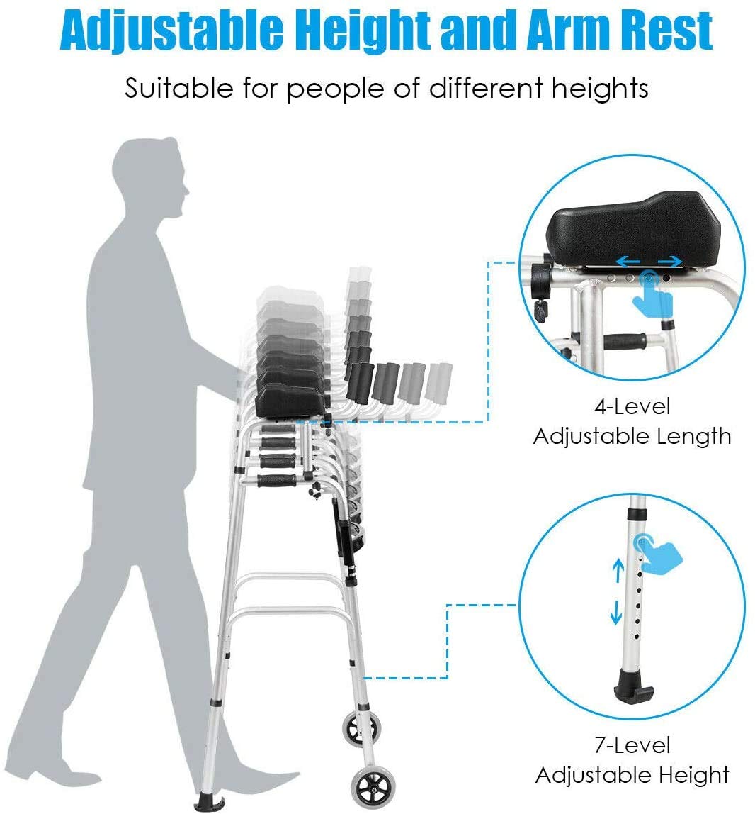 Nightcore Folding Standard Walker，Rehabilitation Auxiliary Walking Aid, Front Wheeled Walker w/Adjustable Height & Removable Armrests