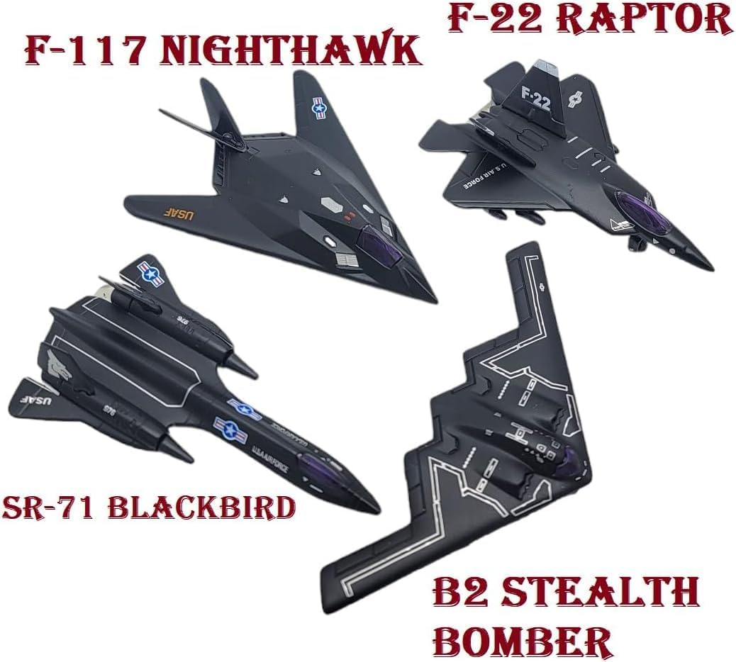 Die-Cast Metal United States Air Force Stealth Aircraft Set, 4.5 Inch, 4-Pack with Pullback Action, B2 Bomber, SR-71 Blackbird, F-117 Nighthawk