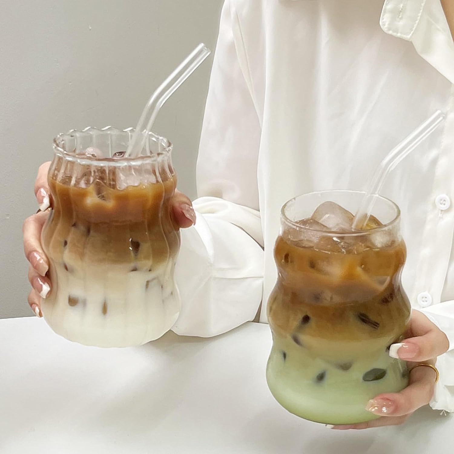 2 Pcs Ribbed Glass Cups, 18 Oz Vintage Drinking Glassware with Wave Design | Iced Coffee Cups Glass, Matcha Glass Bubble Cups for Iced Coffee, Juice