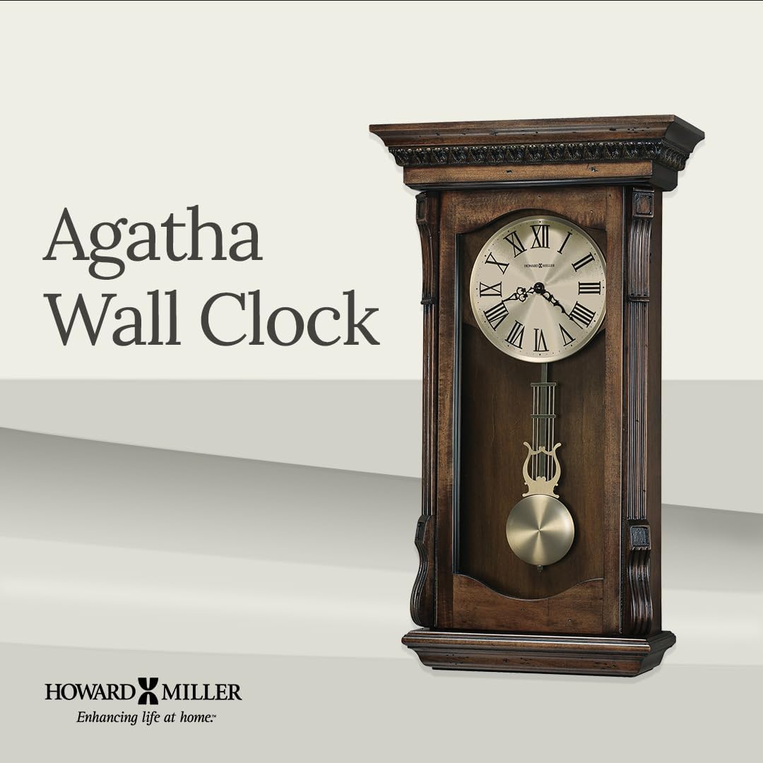 Howard Miller Agatha Wall Clock – Wooden Pendulum Clock with Triple-Chime Quartz Movement, Battery Operated, Acanthus Molding Detail