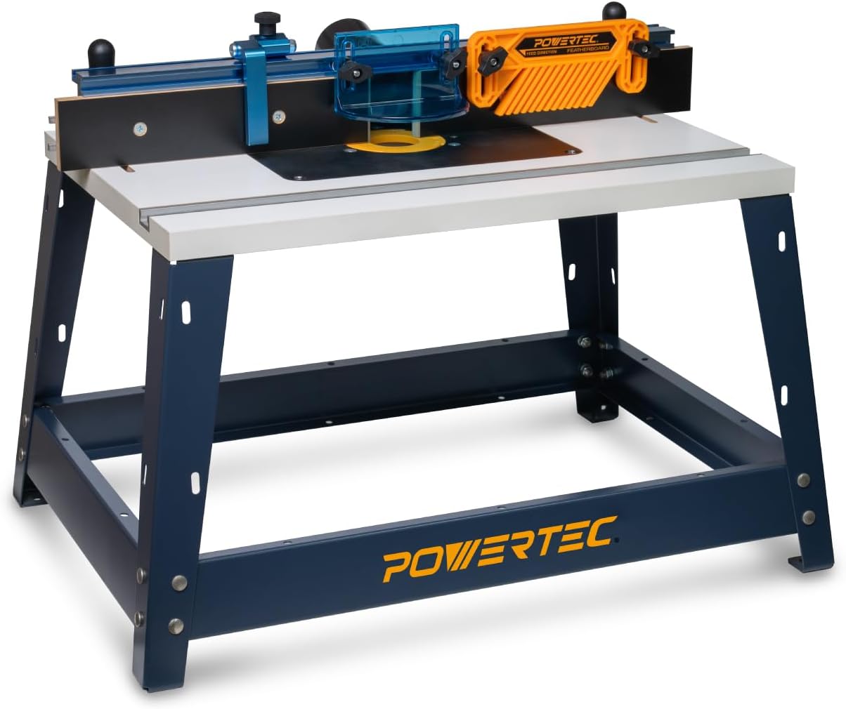 POWERTEC Benchtop Router Table with Steel Stand and Adjustable Fence – 24" x 16" MDF Laminated Top, Insert Plate, 2-1/2" Dust Port, Fence Stop